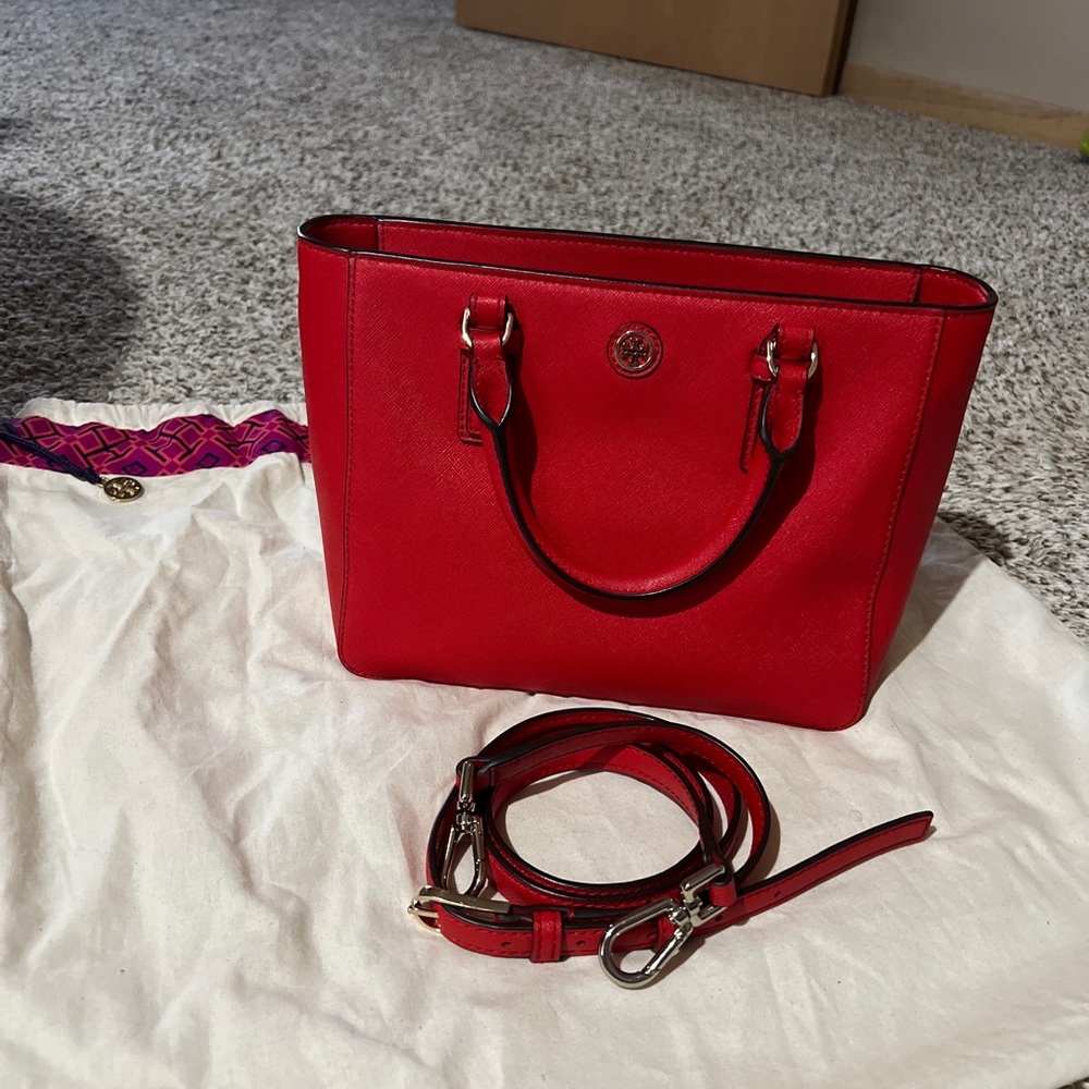 Tory Burch Saffiano Leather Mini Top Zip Tote Bag Red